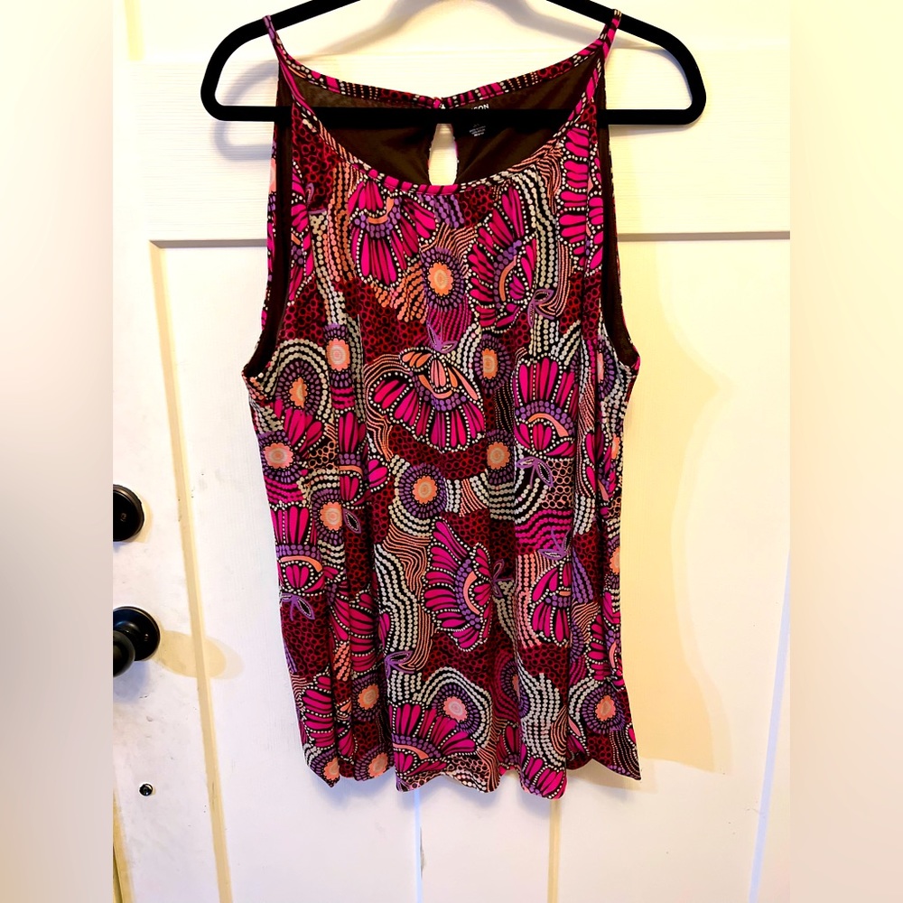 Madison Sz 3X Sleeveless Blouse with Pink, Purple, & Brown Floral Mosaic Design